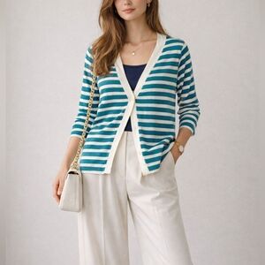 COLDWATER CREEK Teal & Cream Striped Single Button Cardigan, Supima Cotton Blend